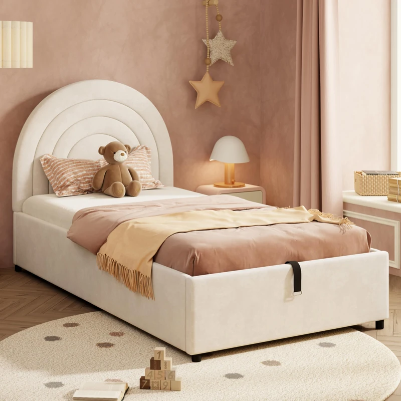 Ball & Cast Upholstered bed 3ft 90 x 190 cm, Children's bed, single bed with slatted frame and headboard, Youth bed, suitable for adults and teenagers, Wooden slats, Easy to assemble, Velvet, Beige