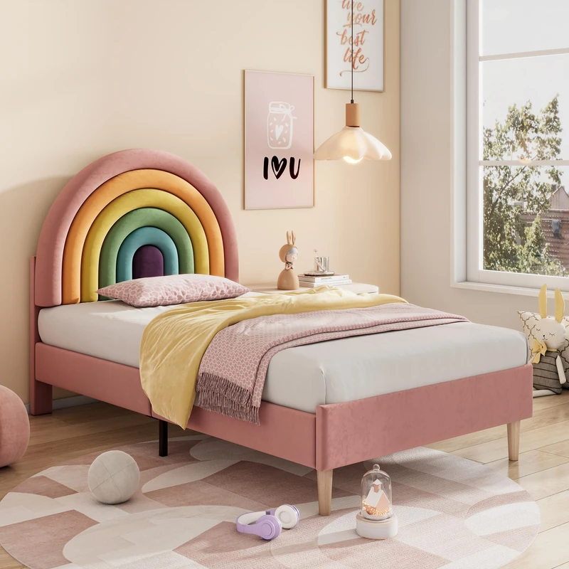 Ball & Cast Upholstered bed 90 x 190 cm, with slatted frame and headboard, youth bed, for adults & teenagers, Wooden slat support, Easy assembly, Height-adjustable headboard, Velvet, Pink - Image 1