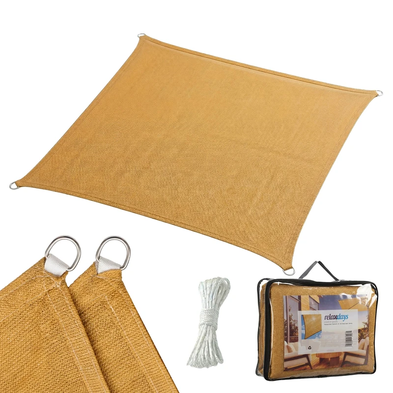 Relaxdays Shade Sail, 4x4 m, HDPE breathable, garden & balcony, eyelets & guy ropes, square, sand