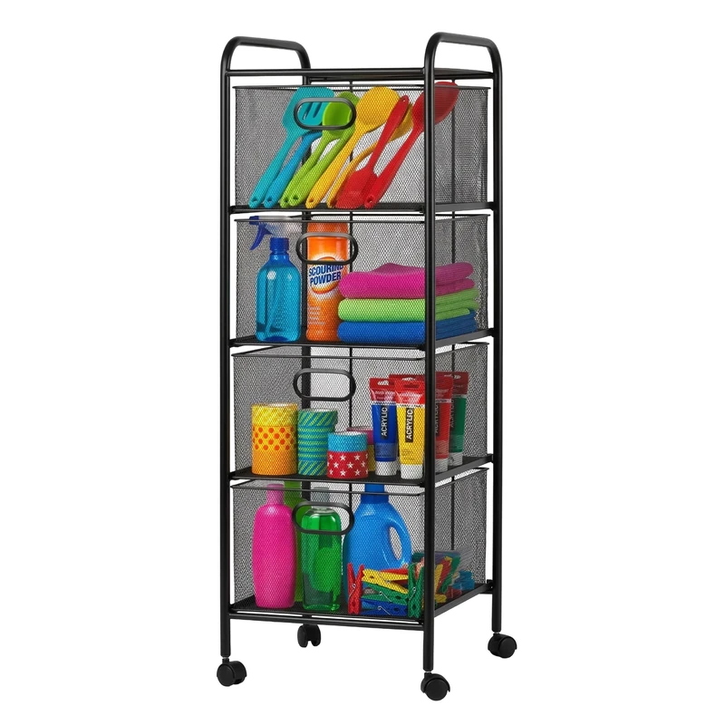 Relaxdays trolley, 5 drawers, metal, HxWxD: 92.5 x 32 x 33 cm, 4 castors, kitchen, bathroom, black