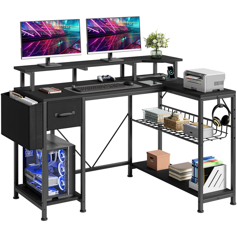 YITAHOME Computer Desk with Power Outlet and LED Light, 120 x 50 cm L-Shape PC Gaming Desk with Adjustable Shelf and Storage Drawer, Corner Desk for Home Office Table with Storage Bag, Black