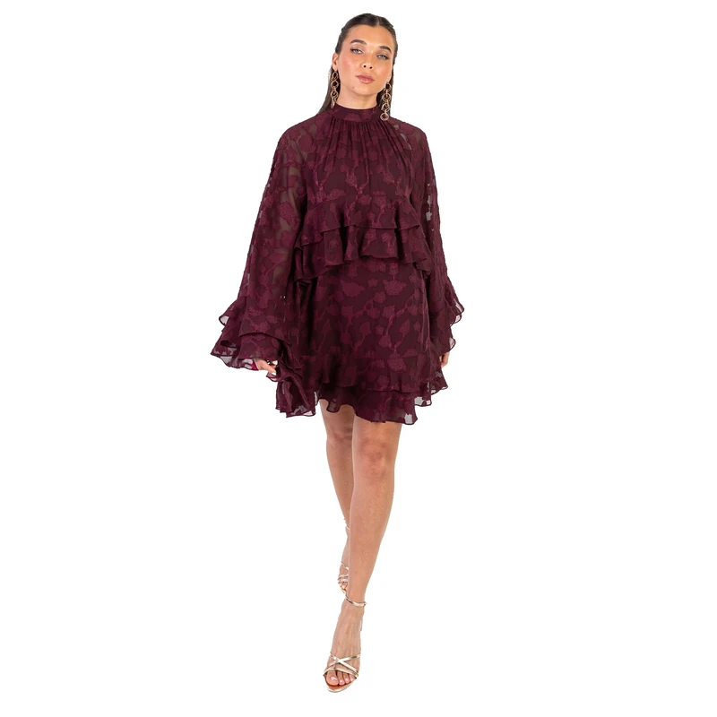 Anaya with Love Women's Mini Dress Ladies High Neck Ruffle Long Sleeve Floral Burnout Empire Line Tiered Button Keyhole Back Party, Maroon 10