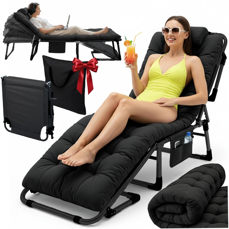 Sofotel Folding Tourist Bed - Garden deck chair with mattress and pillow - For sleeping and relaxation - 5 levels of adjustment - 193 x 67 x 40-75,5 cm - For plot, camping and for guests - Black