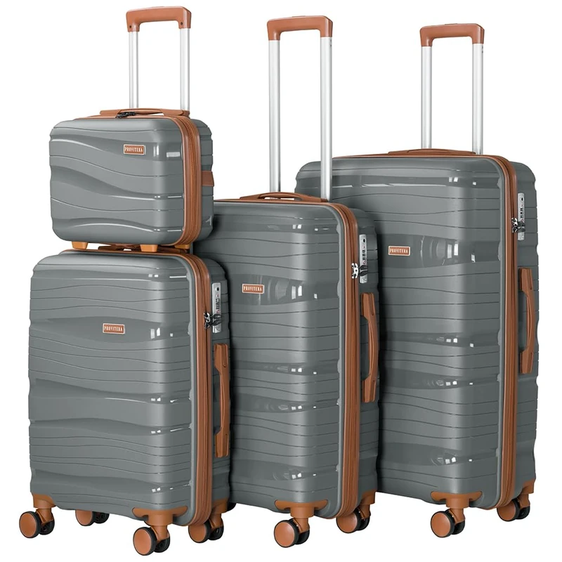 PROVITERA Set of 3 + 1 Hard Coated Suitcases in Ultra Resistant Polypropylene, Trolley and Beauty Case with Telescopic Handle and Combination Closure, Aerodynamic Design Suitcase, Grey, Contemporary