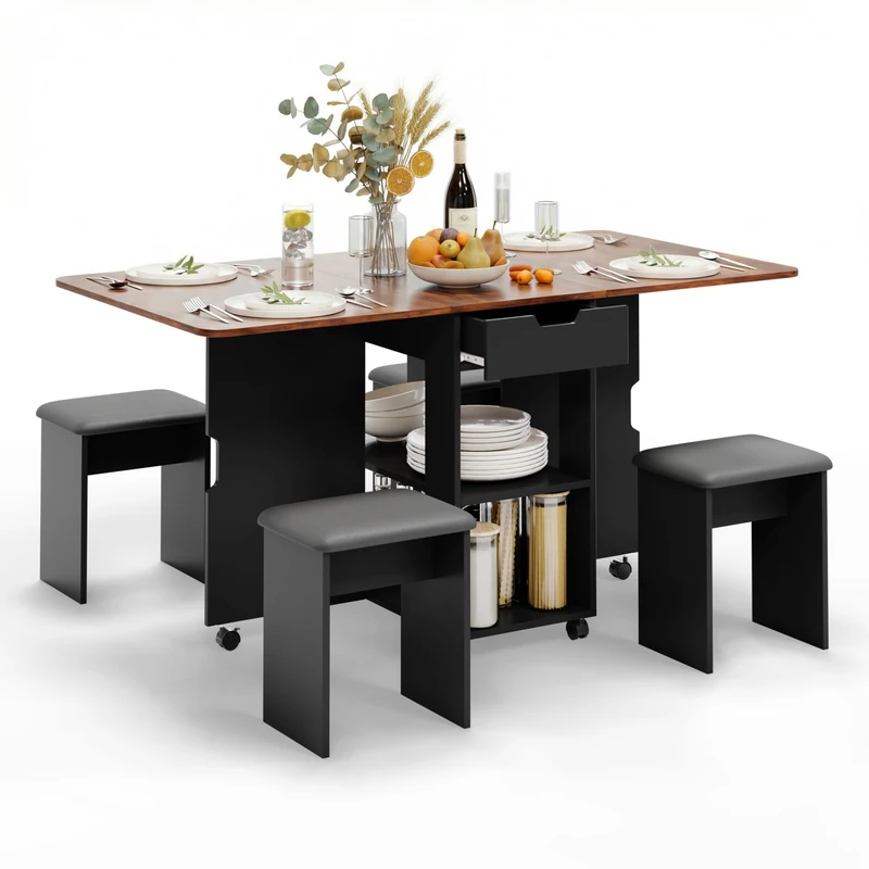 Mondeer Folding Dining Table and Chairs Set 4, Drop Leaf Table with 2 Drawers and Storage Shelves, Foldable Table with 4 Cushioned Stools, for Kitchen Dining Room Living Room