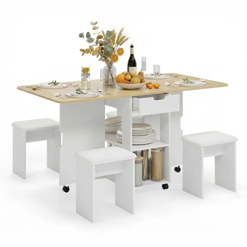 Mondeer Folding Dining Table and Chairs Set 4, Drop Leaf Table with 2 Drawers and Storage Shelves, Foldable Table with 4 Cushioned Stools, for Kitchen Dining Room Living Room