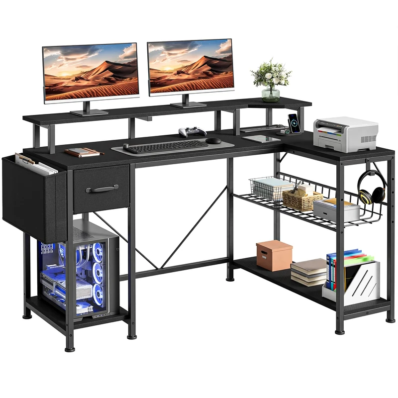YITAHOME Computer Desk with Power Outlet and LED Light, 137 x 50 cm L-Shape PC Gaming Desk with Adjustable Shelf and Storage Drawer, Corner Desk for Home Office Table with Storage Bag, Black