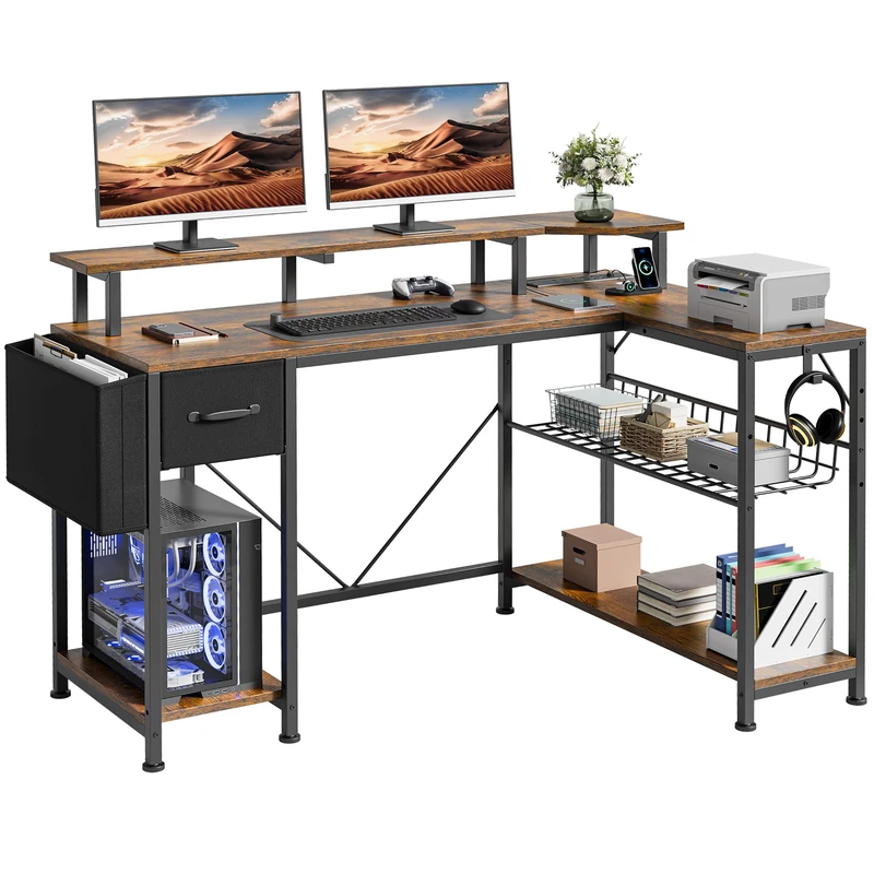 YITAHOME Computer Desk with Power Outlet and LED Light, 137 x 50 cm L-Shape PC Gaming Desk with Adjustable Shelf and Storage Drawer, Corner Desk for Home Office Table with Storage Bag, Vintage Brown