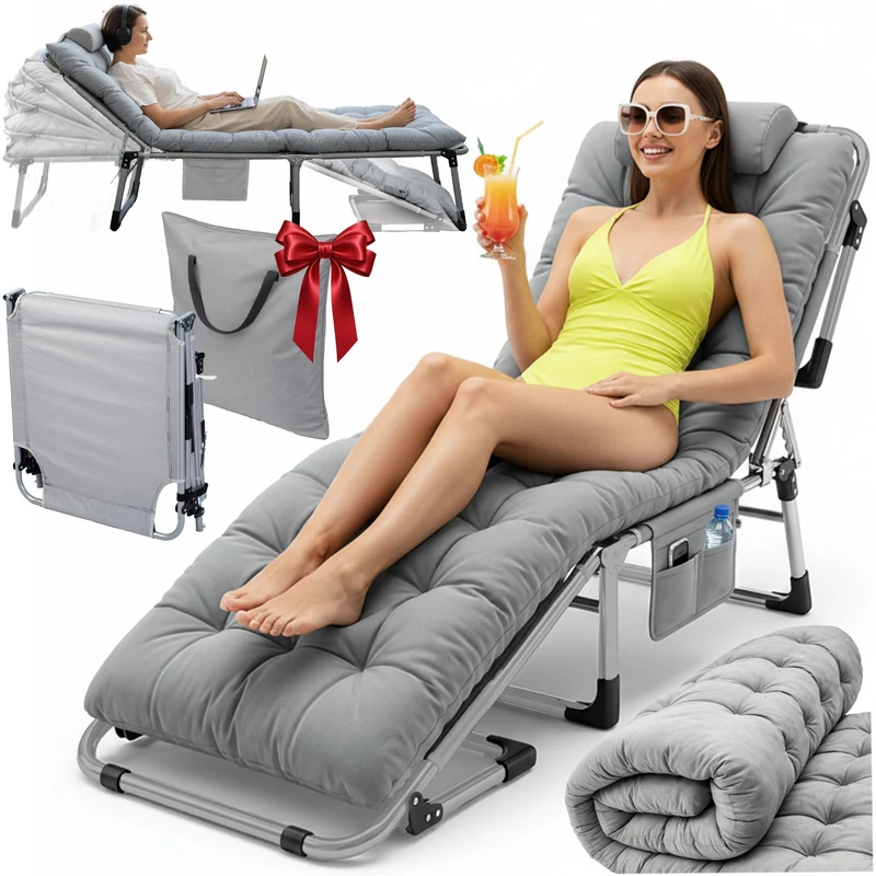 Sofotel Folding Tourist Bed - Garden deck chair with mattress and pillow - For sleeping and relaxation - 5 levels of adjustment - 193 x 67 x 40-75,5 cm - For plot, camping and for guests - Gray - Image 1