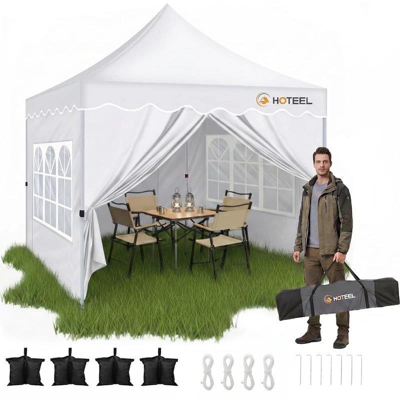 HOTEEL 3x3 Waterproof Folding Gazebo with 4 Sidewalls, UV 50+ Folding Gazebo, Thickened Frame, Easy to Install, Wave Roof for Markets, Garden, Parties, Terrace (White)