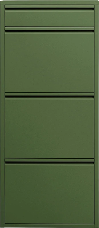 Kare Design shoe cabinet Caruso 3 Plus 1, olive green, 114.5x50x15 cm, tilt-out shoe cabinet, shoe rack, shoe shelf, 3 compartments for 6 pairs of shoes + 1 compartment for keys, steel, slim, hallway