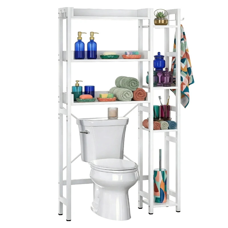 Relaxdays Toilet Shelf, 3-tier over-toilet space-saving bathroom shelf, H x W x D: 161 x 80 x 24 cm, metal & MDF, white - Image 1