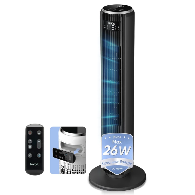 Levoit 20dB Silent Tower Fan, 5.5W-26W Energy Saving Fan for Bedroom & Home, Powerful Cooling with DC Motor, 4 Modes 12 Speeds, Advanced Sleep Mode, 90° Oscillation, Remote Control, 12H Timer, Black