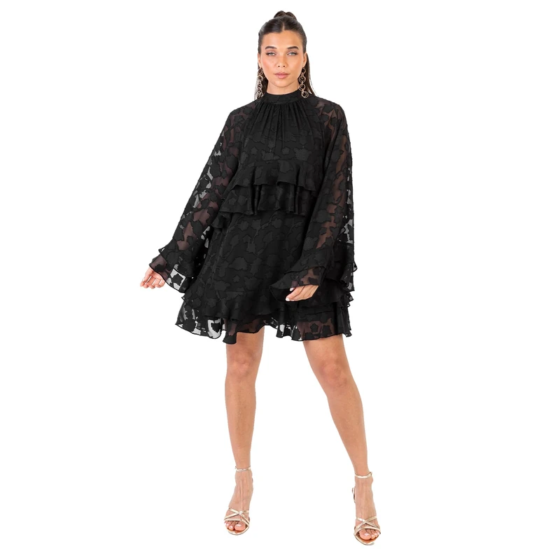 Anaya with Love Women's Mini Dress Ladies High Neck Ruffle Long Sleeve Floral Burnout Empire Line Tiered Button Keyhole Back Party, Black 16