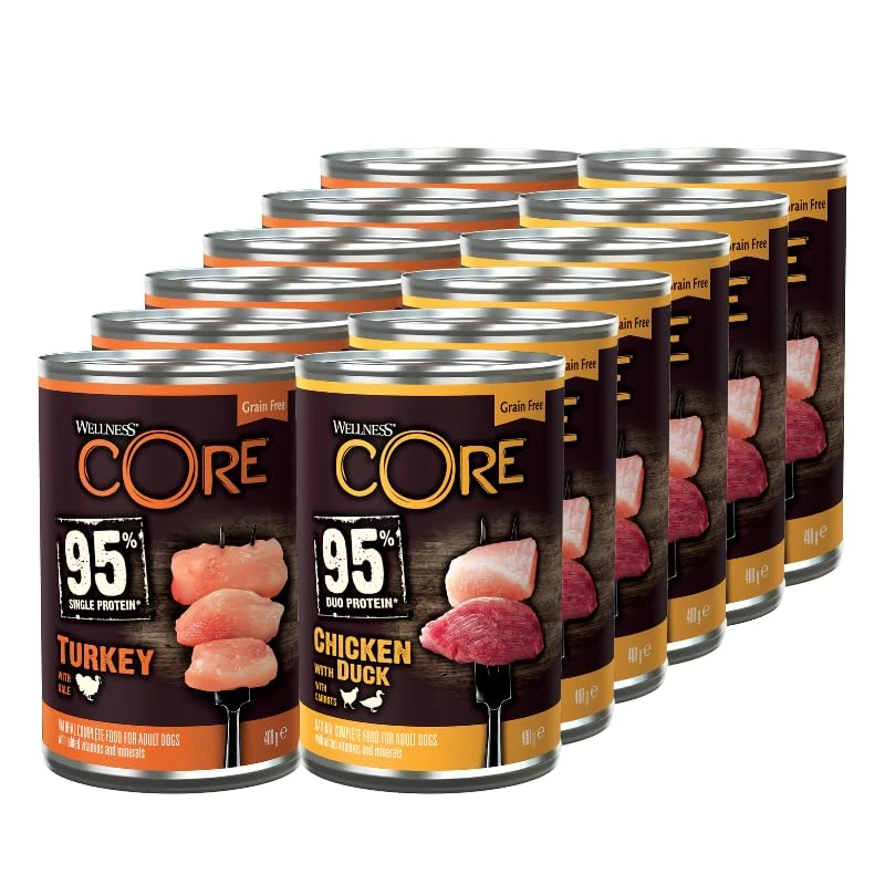 Wellness CORE 95% 12 x 400g, Turkey & Kale + Chicken & Duck – Wet Dog Food, Chunky Paté for Adult Dogs, Grain-Free, Natural, Hypoallergenic, Protein-Rich, High Meat Content - Image 1