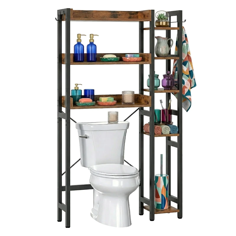 Relaxdays Toilet Shelf, 3-tier over-toilet unit, bathroom shelf HxWxD 161x80x24 cm, metal/MDF, black/brown