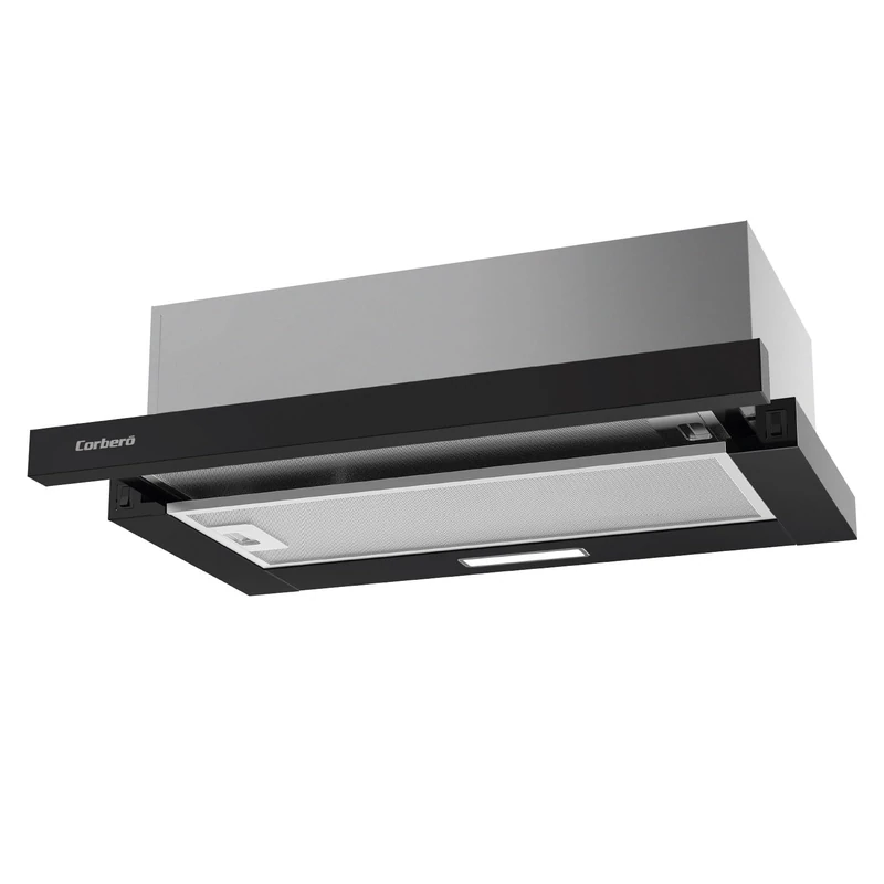 Corberó - Telescopic Cooker Hood 60 cm | VINSON636B | 387.6 m3/h | 58 dB | 36.5 W | LED Lighting | Aluminium and Carbon Filters | Black