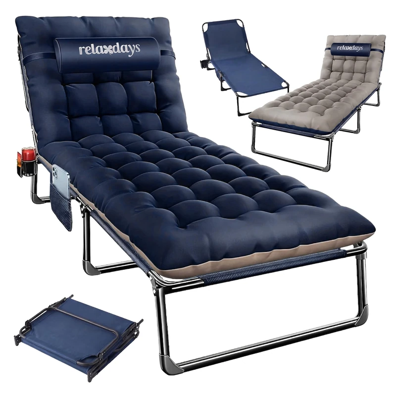 Relaxdays folding camp bed, mattress, neck pillow, phone holder, up to 250 kg, HxWxD: 26x190x72 cm, blue
