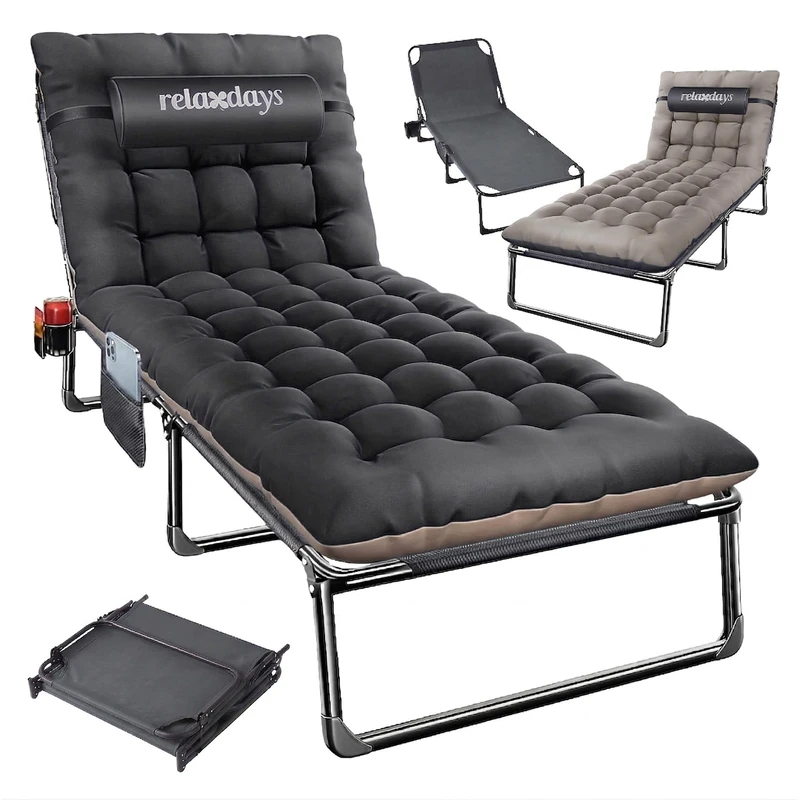 Relaxdays folding camp bed, mattress, neck pillow, phone & drink holder, up to 250 kg, HWD: 26x190x72 cm, grey