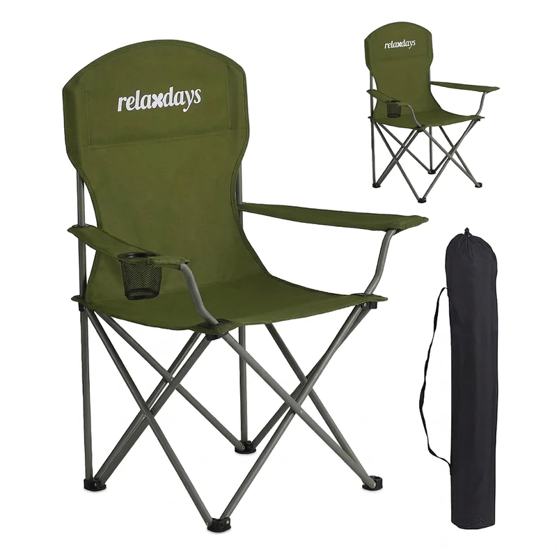 Relaxdays camping chair, set of 2, foldable, carrying bag, drink holder, 150 kg, polyester, iron, green