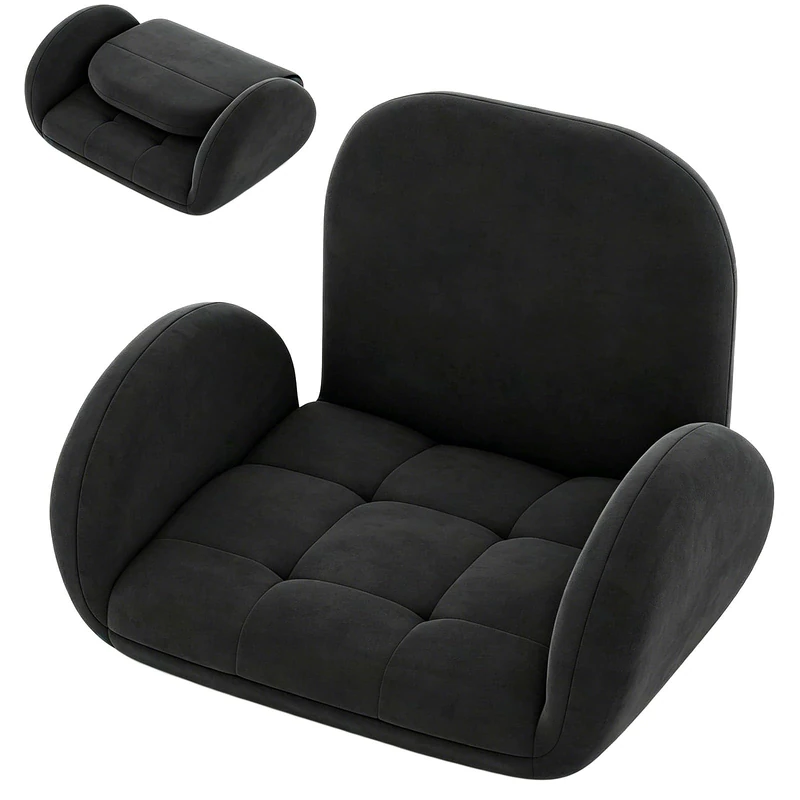 RELAX4LIFE Folding Floor Chair, Lazy Sofa Bed Seat with Adjustable Backrest & Armrests, Upholstered Recliner Lounge Chair Sleeper Couch for Gaming Reading Meditation (Black, without Swivel Base)