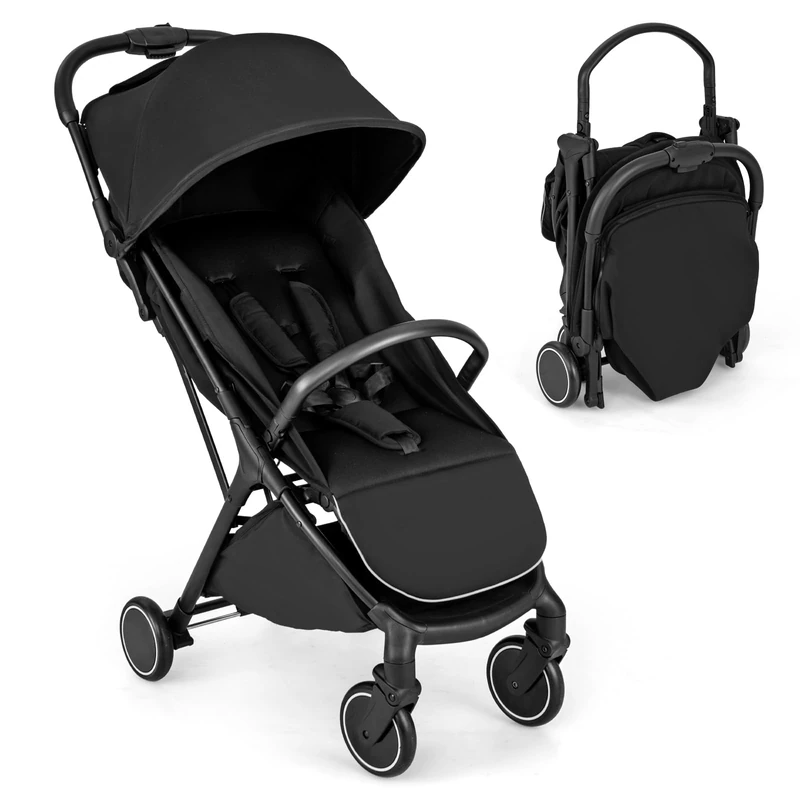 FANTASK Foldable Pushchair, Children's Buggy with Adjustable Sun Canopy, 5-Point Safety Belt, Travel Buggy with Tilting Backrest, Storage Basket, Baby Pram up to 15 kg (Black)