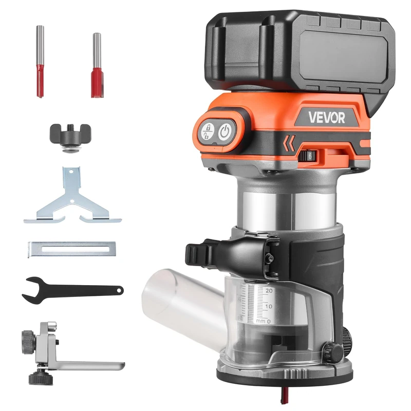 VEVOR Cordless Brushless Motor Router Compact Router 6 Variable Speeds for Woodworking, Compatible with Makita 18V Battery Not Included, with Fixed Base, Dust Suction Cover