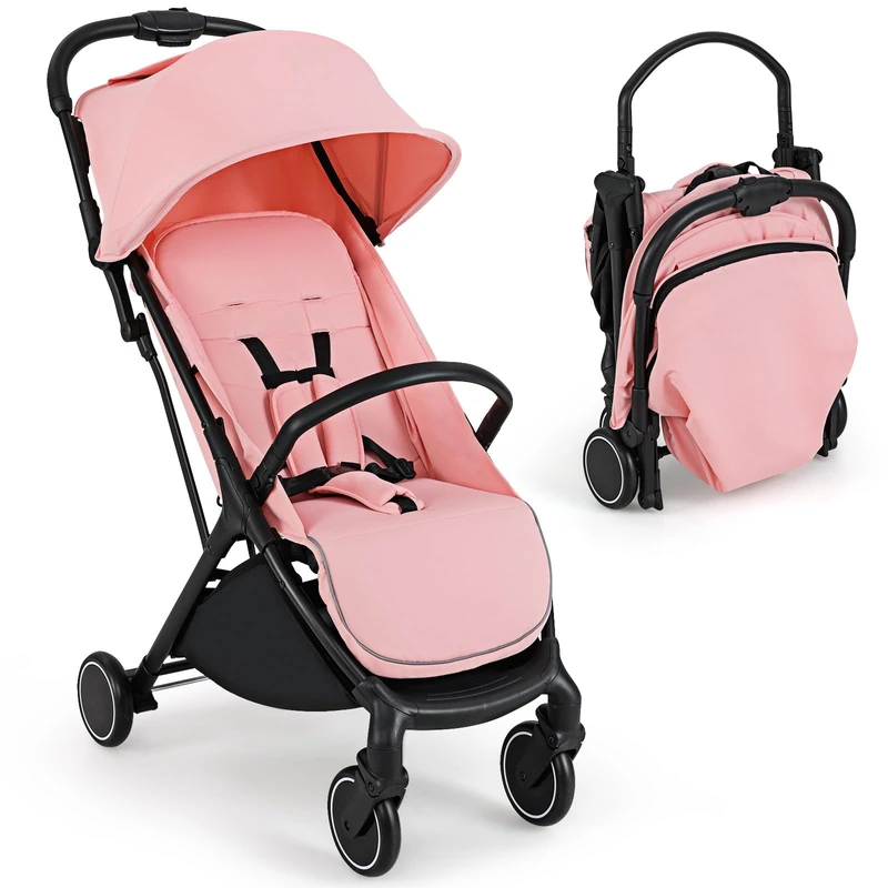 FANTASK Foldable Pushchair, Pushchair with Adjustable Sun Canopy, 5-Point Safety Belt, Travel Buggy with Tilting Backrest, Storage Basket, Baby Pram up to 15 kg (Pink)
