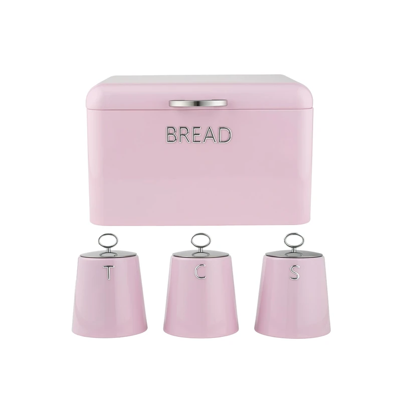 Salter Retro Pink Bread Bin & Canister Set – 4-Piece Countertop Set, Dried Goods, Tea, Coffee & Sugar Canisters, Dry Food Storage Containers, Pastries, Rolls, Bagels, Durable Steel, Embossed Lettering