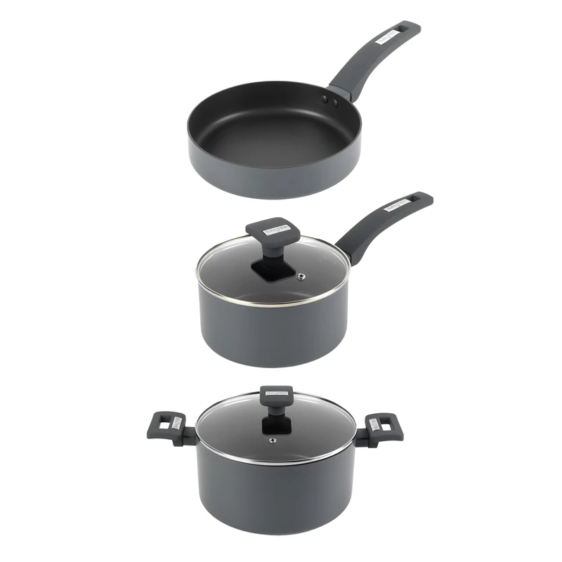 Salto Alto 3-Piece Pan Set – Non-Stick, Includes 24 cm Stockpot, 20 cm Frying Pan, 18 cm Saucepan, Recycled Pressed Aluminium, Tempered Glass Lids, PFOA & PFAS-Free, Induction, 10 Year Guarantee