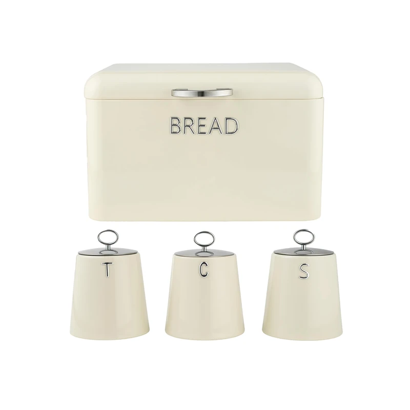 Salter Retro Cream Bread Bin & Canisters – 4-Piece Countertop Set, Dried Goods, Tea, Coffee & Sugar Canisters, Dry Food Storage Containers, Pastries, Rolls, Bagels, Durable Steel, Embossed Lettering