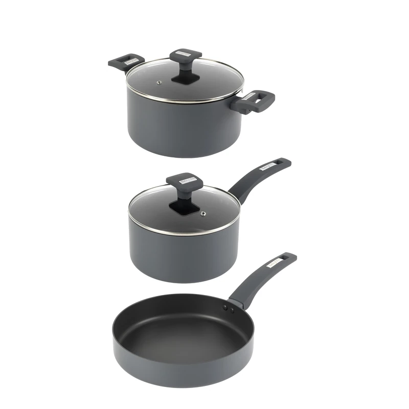Salter Alto 3-Piece Pan Set – 24 cm Frying Pan, 20 cm Saucepan, 24 cm Stockpot, Includes 2 Tempered Glass Lids, Recycled Aluminium, ILAG Non-Stick, Induction Safe, PFOA-Free, Cool Touch Handles