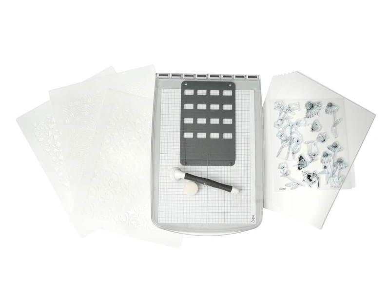 Sizzix Stencil & Stamp Tool Starter Kit Including Stencil & Stamp Tool, Clear Rubber Stamps, Layered Stencils, Cardstock & Blending Tool - Image 1