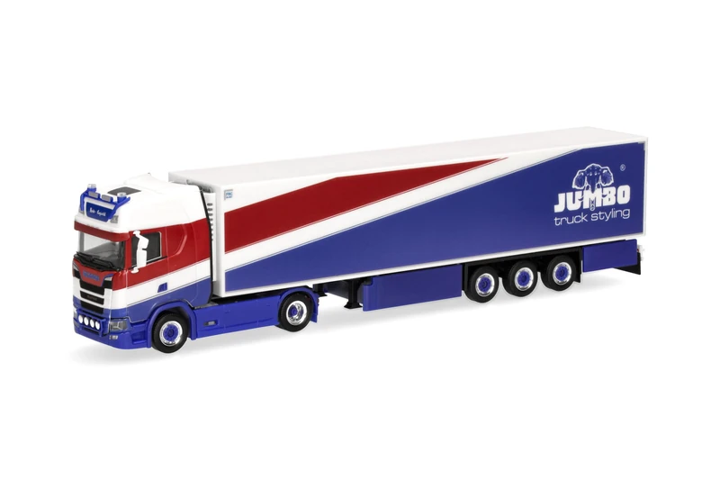 Herpa truck model Scania CS 20 HD refrigerated box semitrailer "Heide Logistik/Jumbo Fischer", on a scale of 1:87, plastic miniature, made in Germany, model building, collectors edition - Image 1