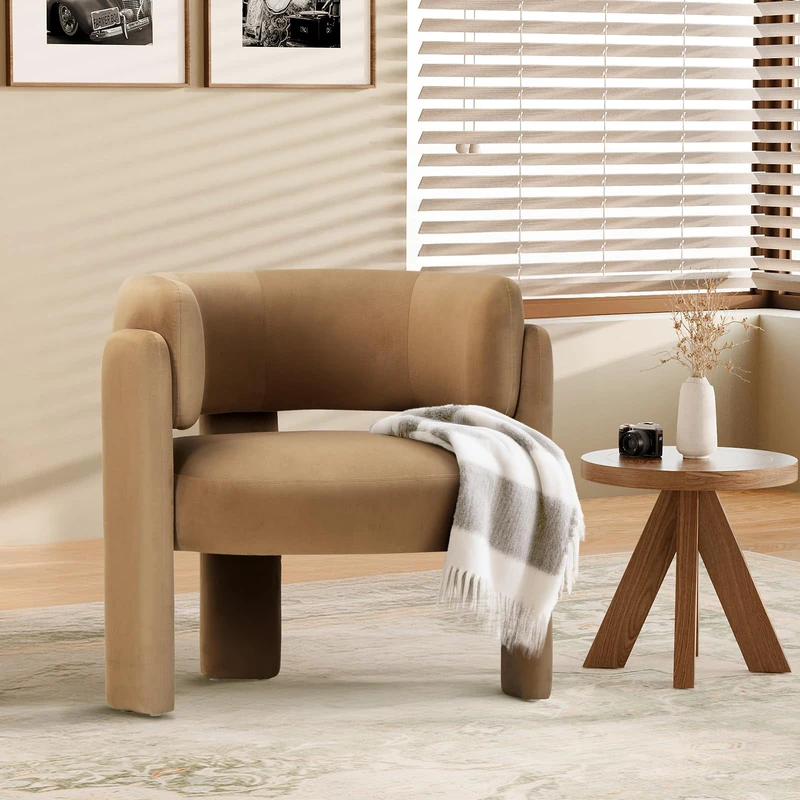 COLAMY Living Room Armchairs, Modern Velvet Accent Chair, Comfy Round Upholstered Arm Chair with 3 Legs, Single Sofa Chair with Lounge Seat for Bedroom/Office/Reading Spaces (Khaki, Set of 1)