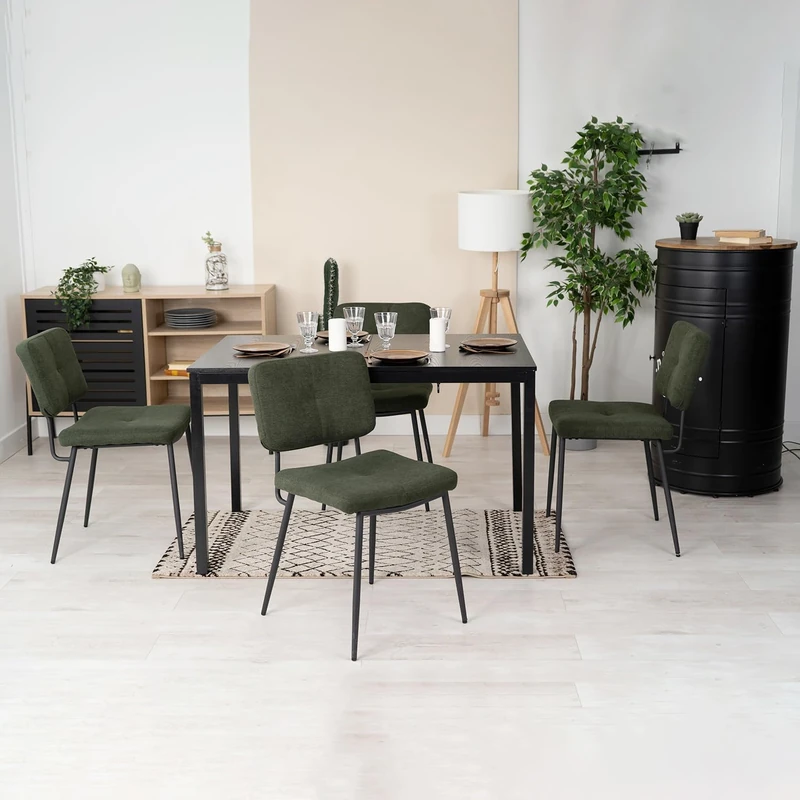 MEUBLE COSY Dining Chairs Set of 4, Upholstered Fabric Kitchen Chair with Thick Seat Cushion and Backrest, Metal Legs, Green