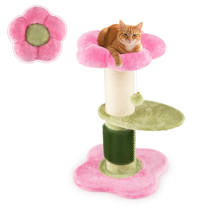 GYMAX Multi-level Cat Tree, Flower Cat Tower with Padded Plush Perch, Sisal Scratching Posts, Self Groomer and Hanging Ball, Modern Cute Pet Furniture for Indoor Cats (Pink+Green+White)