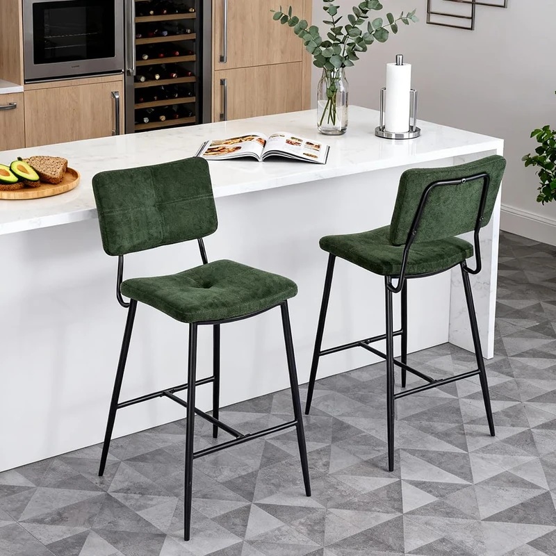 MEUBLE COSY Bar Stools Set of 2, Counter Chairs with Backs, Kitchen Island Stool with Footrest, 68 cm Tall, Fabric Upholstered, Metal Legs, Industrial Style, Green