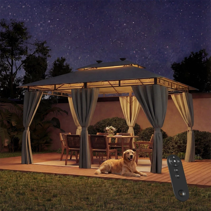 JUMMICO Heavy Duty Gazebo 3x4m with Sides & Lights, Steel Frame, Waterproof & UV50+ Canopy, Windproof Pergola for Garden, Patio, Party – Grey