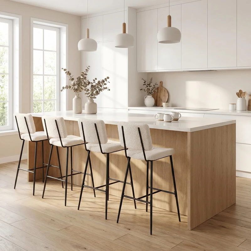 MEUBLE COSY Bar Stools Set of 4, Counter Chairs with Backs, Kitchen Island Stool with Footrest, 75 cm Tall, Boucle Fabric Upholstered, Metal Legs, Armless Design, Beige