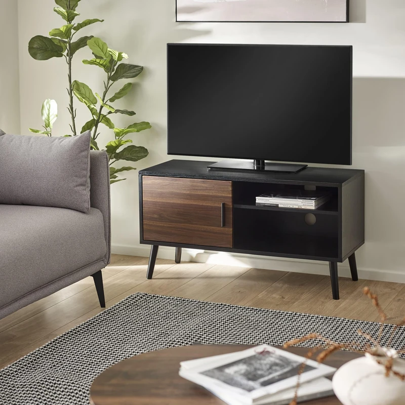 Julian Bowen Trent TV Stand - TV Unit for up to 55" TVs with Black & Walnut Effect Design, Console & Media Storage with Shelves & Cable Management for Living Room - W130 x H53cm