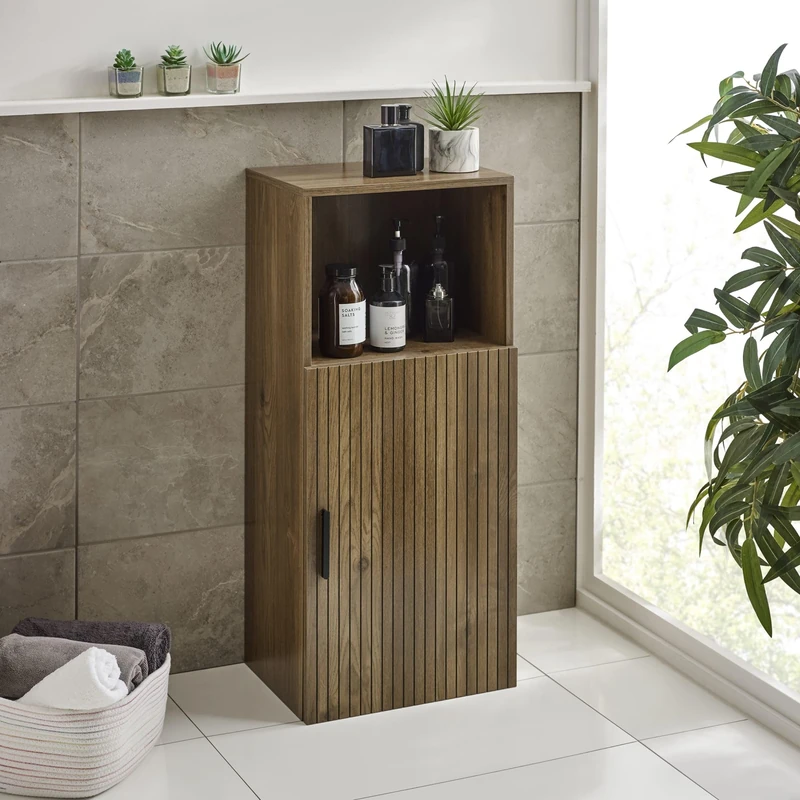 Julian Bowen Hampshire Bathroom Cabinet - Walnut Effect Bathroom Storage Unit w/Shelves & Slatted Door, Scandinavian Design Slim Storage Cupboard for Hallway - H90 x W40 x D30cm - Image 1