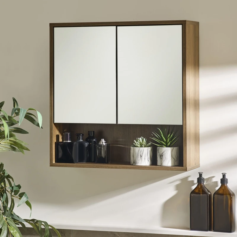 Julian Bowen Hampshire Bathroom Mirror Cabinet - Walnut Effect Bathroom Storage Unit with Mirror, Scandinavian Wall Medicine Cupboard w/Shelves for Toiletries - H60 x W60 x D18cm