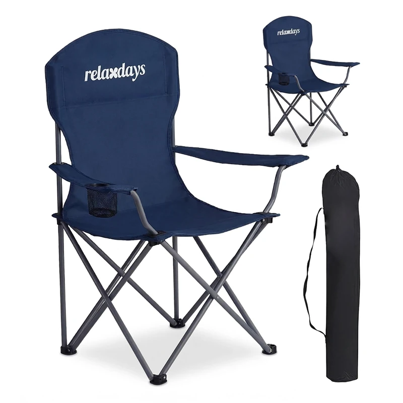Relaxdays camping chair set of 2, foldable, carry bag, drink holder, 150 kg, polyester, metal, blue
