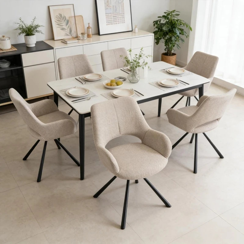 MEUBLE COSY Dining Chairs with Armrests Set of 6, Upholstered Fabric Kitchen Chair, Corner Armchair with Metal Legs, Beige