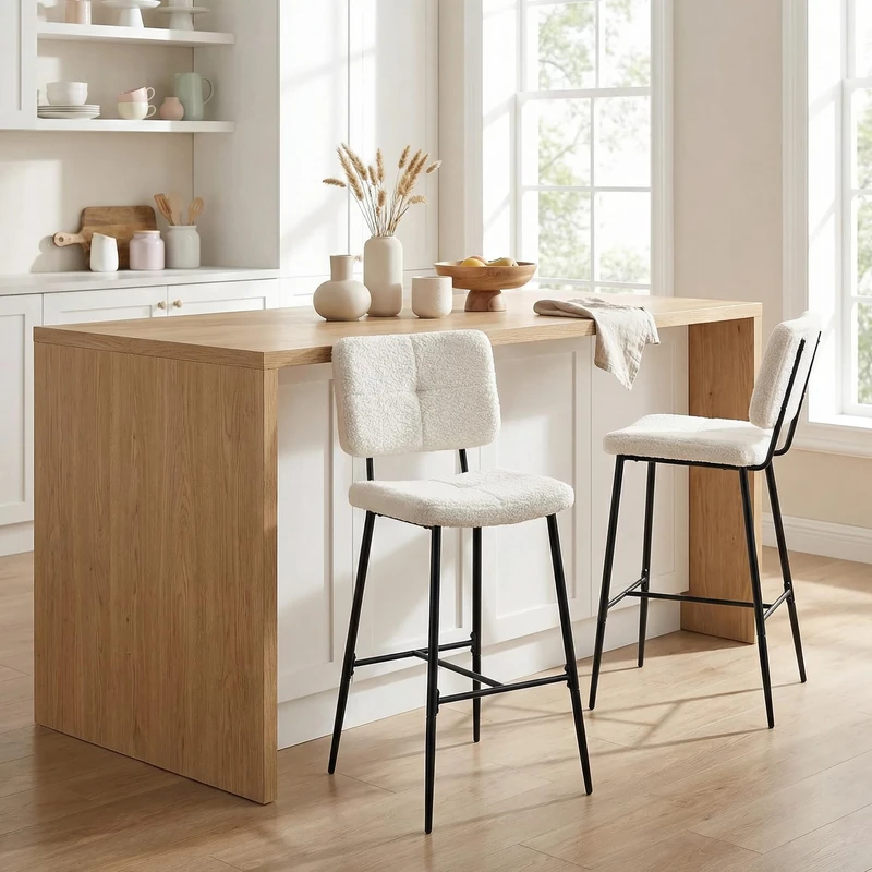 MEUBLE COSY Bar Stools Set of 2, Counter Chairs with Backs, Kitchen Island Stool with Footrest, 75 cm Tall, Boucle Fabric Upholstered, Metal Legs, Armless Design, Beige