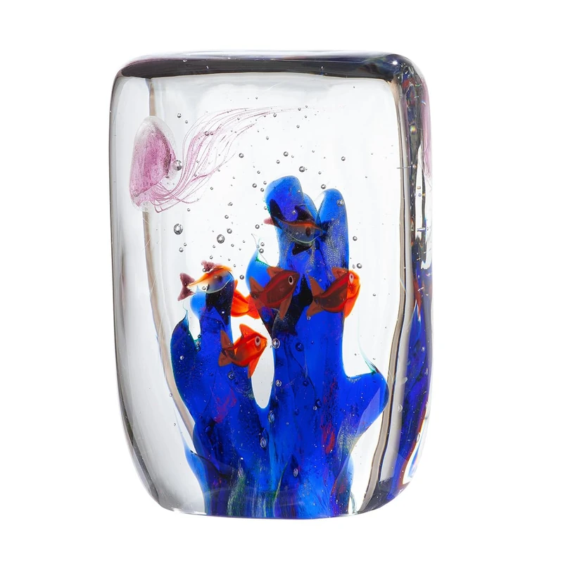 Glas Art Decorative Glass Reef Object - Cuboid with Fish Motif and Jellyfish Motif - Blue Clear - Height 20 cm x Width 14 cm - Image 1