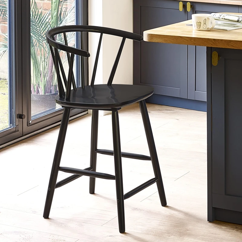Julian Bowen Modena Bar Stool - Black Solid Wood Barstool with Spindle Back & Footrest, 112cm Tall Kitchen Island Chair for Breakfast Bar, Minimalist Design - W49 x D53cm