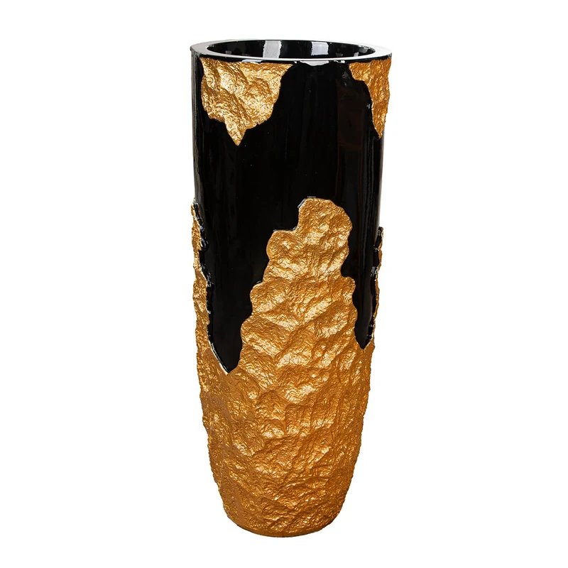 GILDE Famosa Planter XXL Fibreglass Poly Round Design Gold Black Height 90 cm x Diameter 36 cm - Image 1