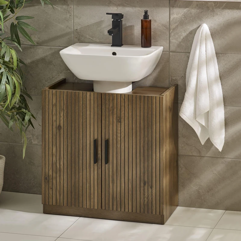 Julian Bowen Hampshire Under Sink Storage - Walnut Effect Bathroom Cabinet w/Shelves & Slatted Doors, Brown Scandinavian Design Below Basin Storage Unit - H60 x W60 x D30cm